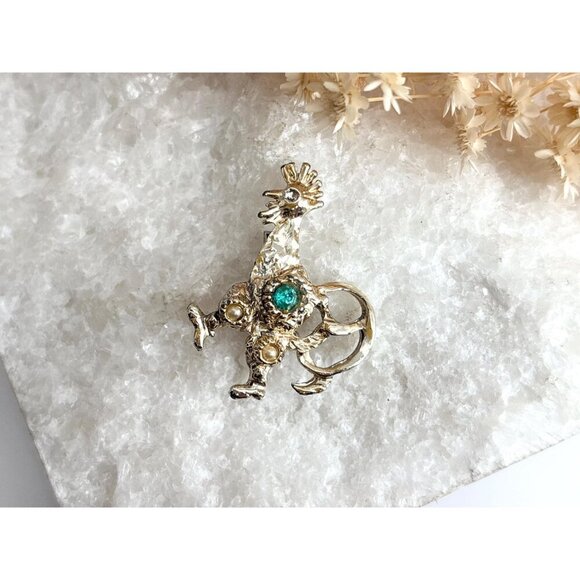 Rooster Figural Blue Rhinestoned Costume Jewelry Brooch | Lapel Pin - Picture 2 of 11